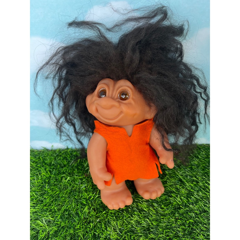 Vintage Dam Troll Doll Black Mohair Orange Tunic 5 Retro Toy Collectible